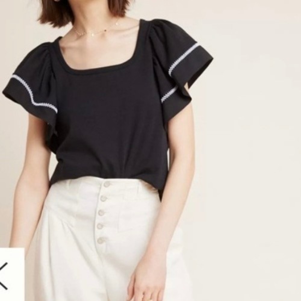 Maeve Anthropologie Sherman Black Flutter Sleeve Square Neck Top L Cottagecore